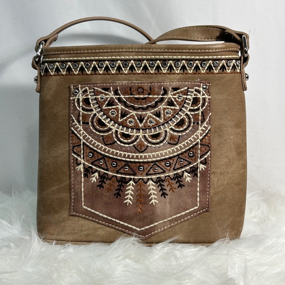 Montana West Crossbody Shoulder‎ Bag Tan Embroidered Mandala Pocket Buckle Strap